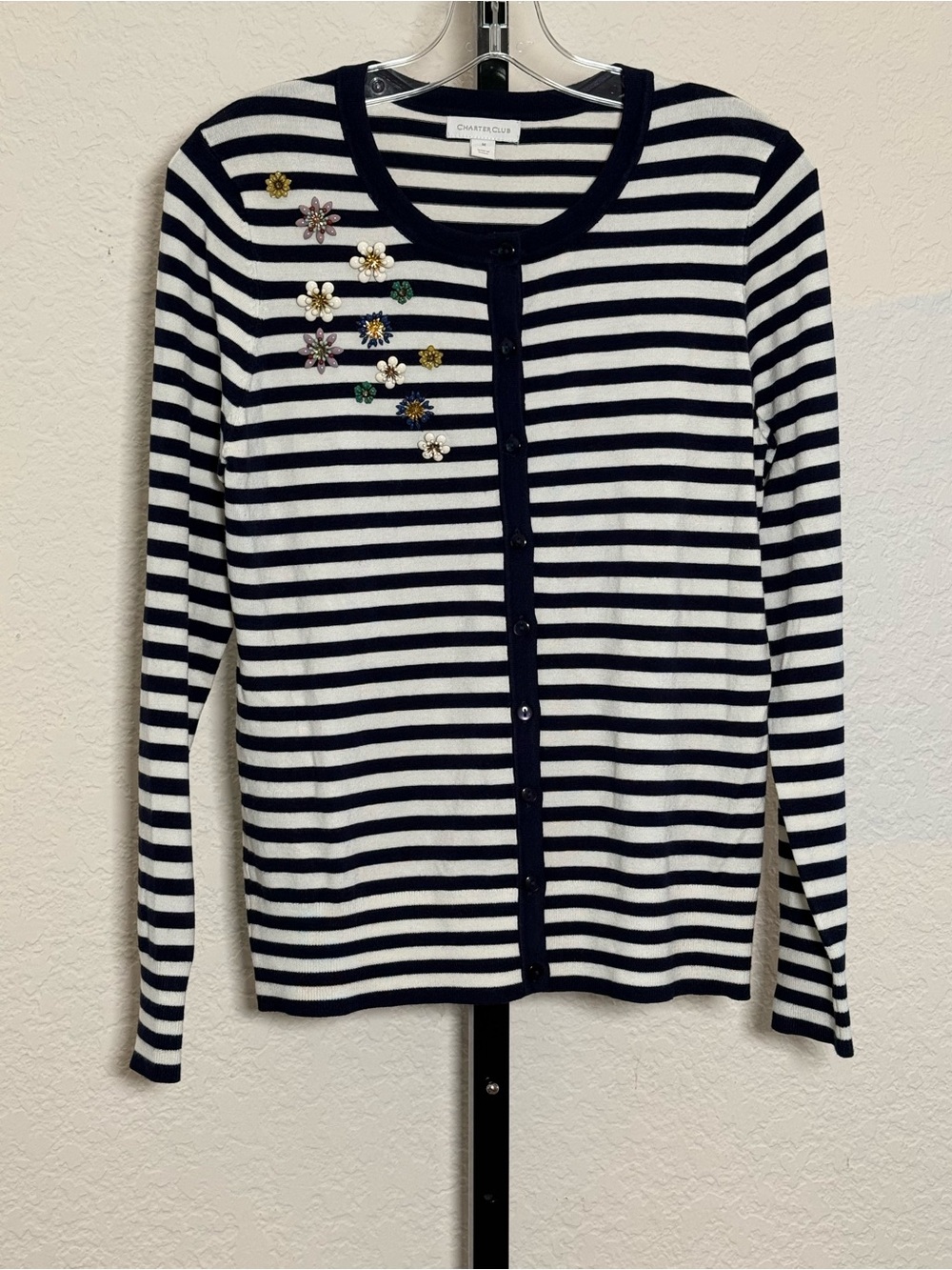 Chapter One Navy & White Striped Cardigan with Floral Jewel Accents size M